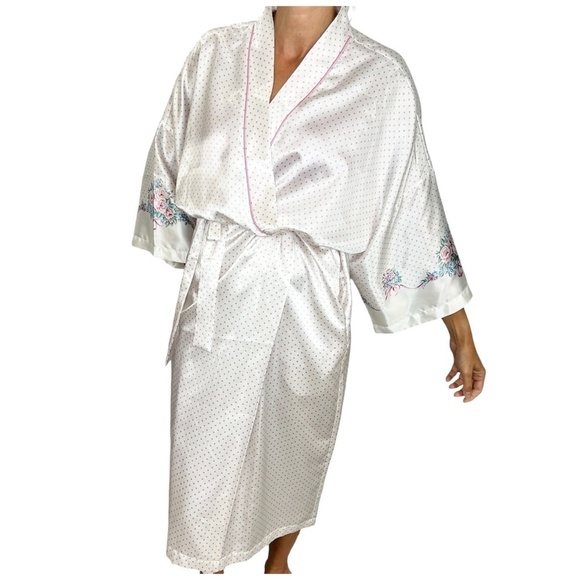 Vintage Linda Bis white satin pink polka dot kimono robe jacket OS - Picture 3 of 15
